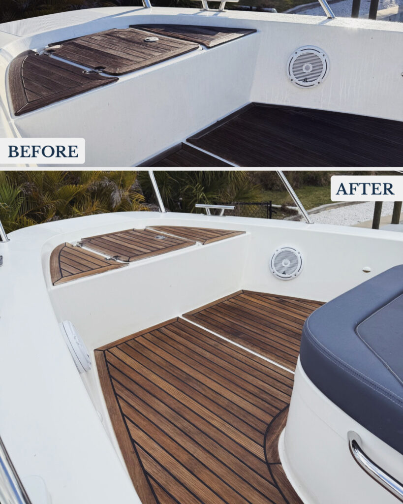 Boat teak deck before and after professional teak restoration in Sarasota